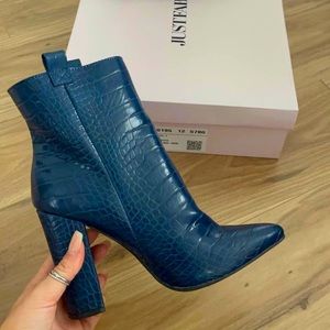 Dark royal blue snake skin booties from JUSTFAB